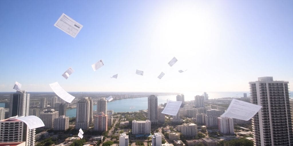 Papers flying over Miami skyline with tall buildings