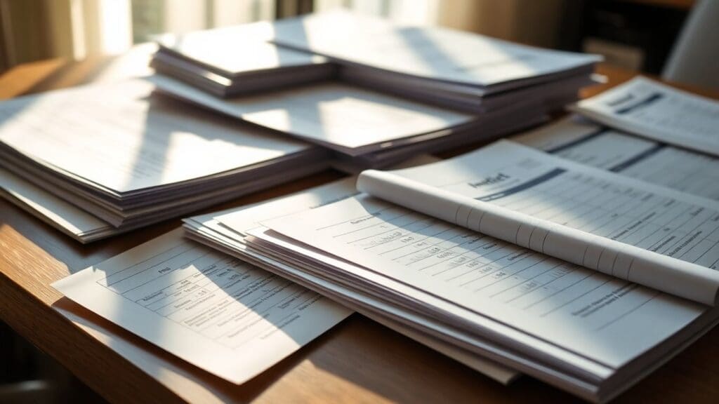 Stacks of documents on a wooden desk in sunlight