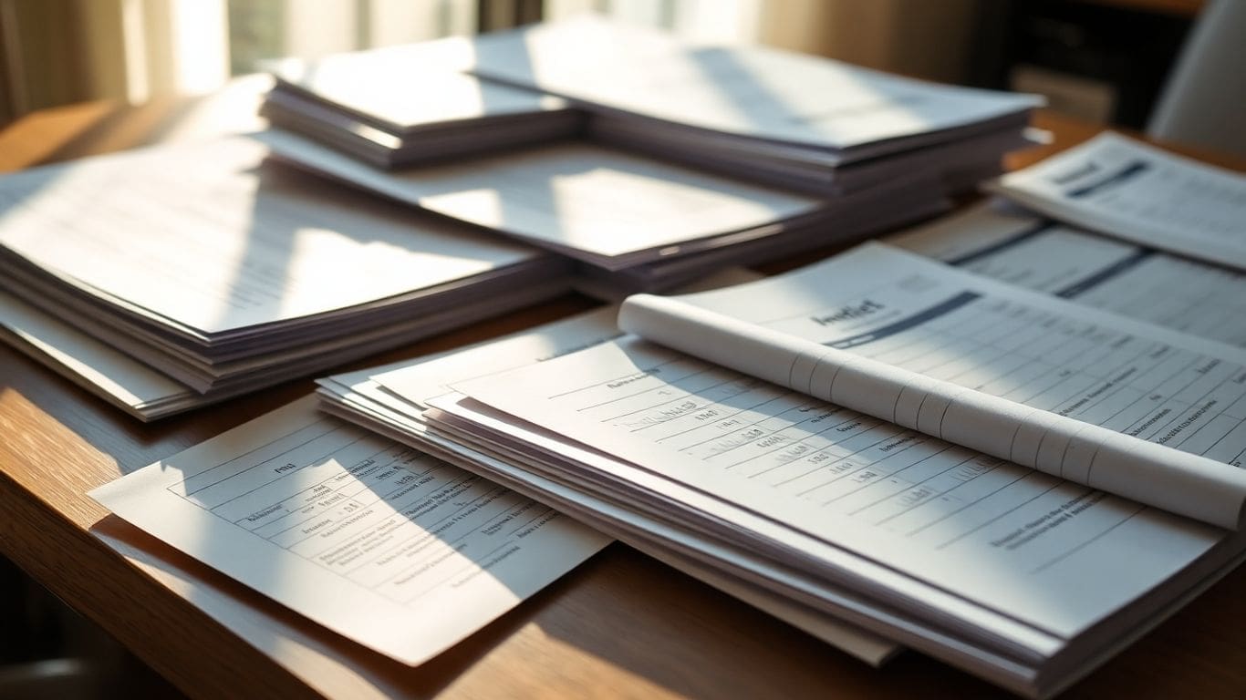 Stacks of documents on a wooden desk in sunlight