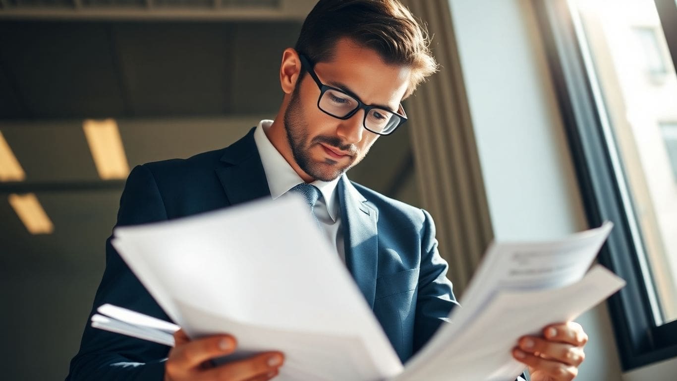 businessman in suit reading documents by window