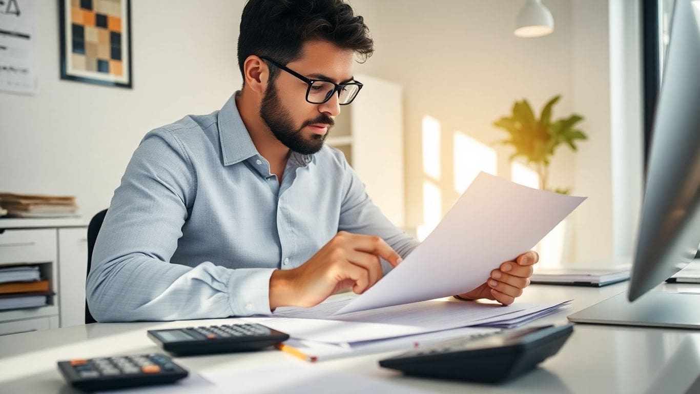 Man in glasses reviewing documents at desk with calculators