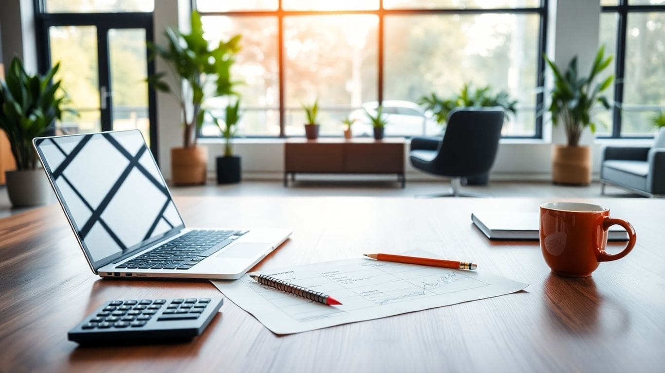 laptop calculator papers and coffee on office desk