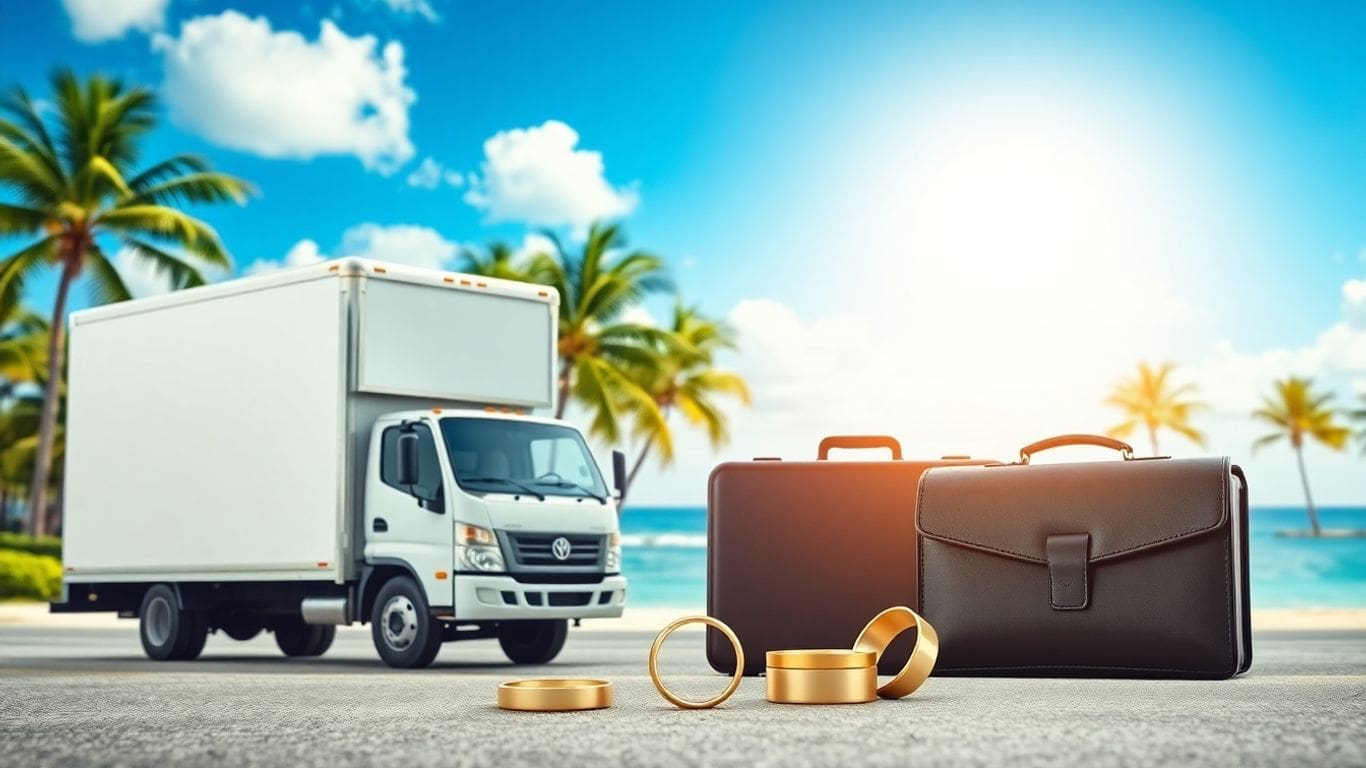 moving truck with briefcases and rings on beach