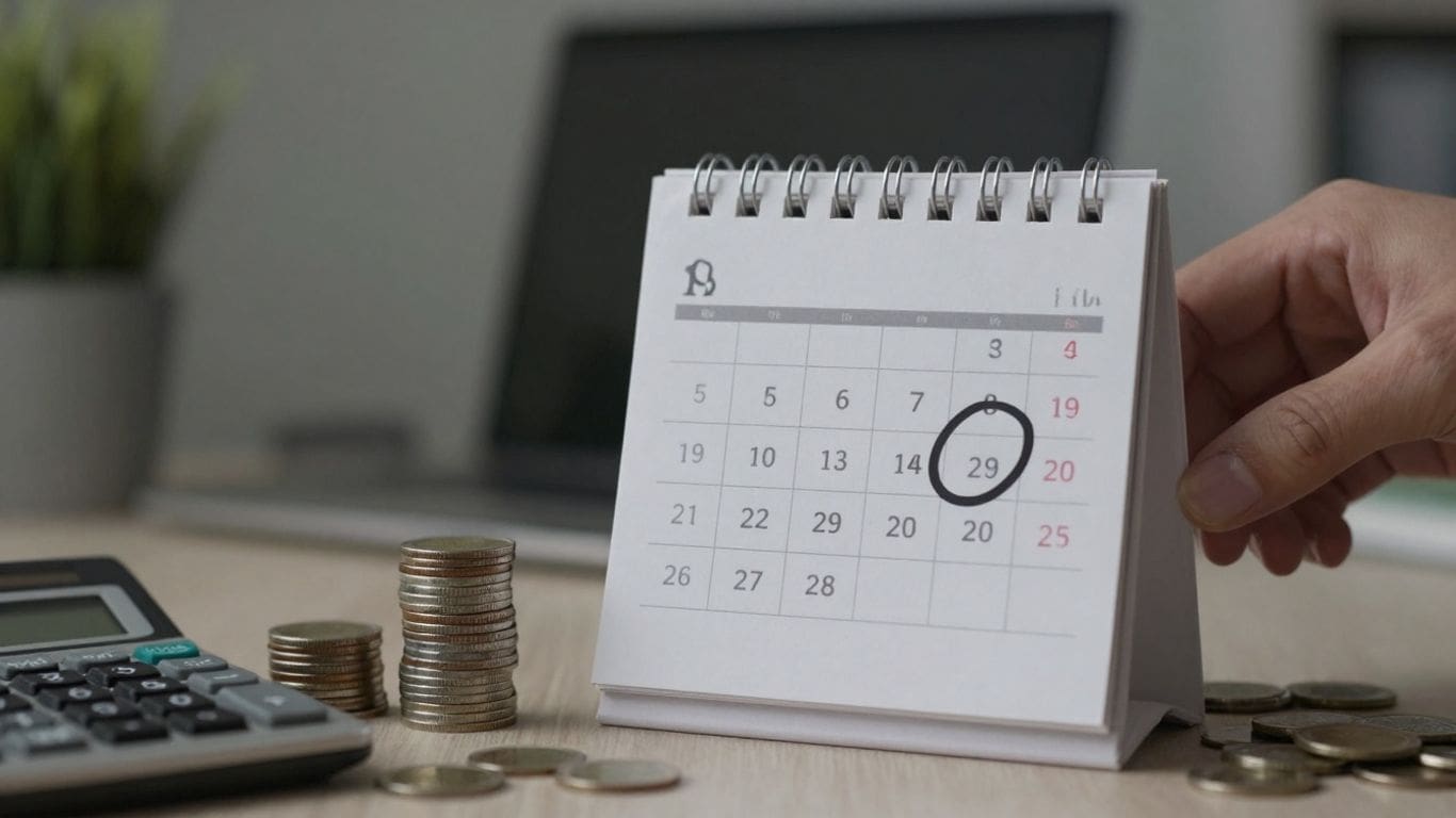 Hand holding calendar with circled date near coins and calculator