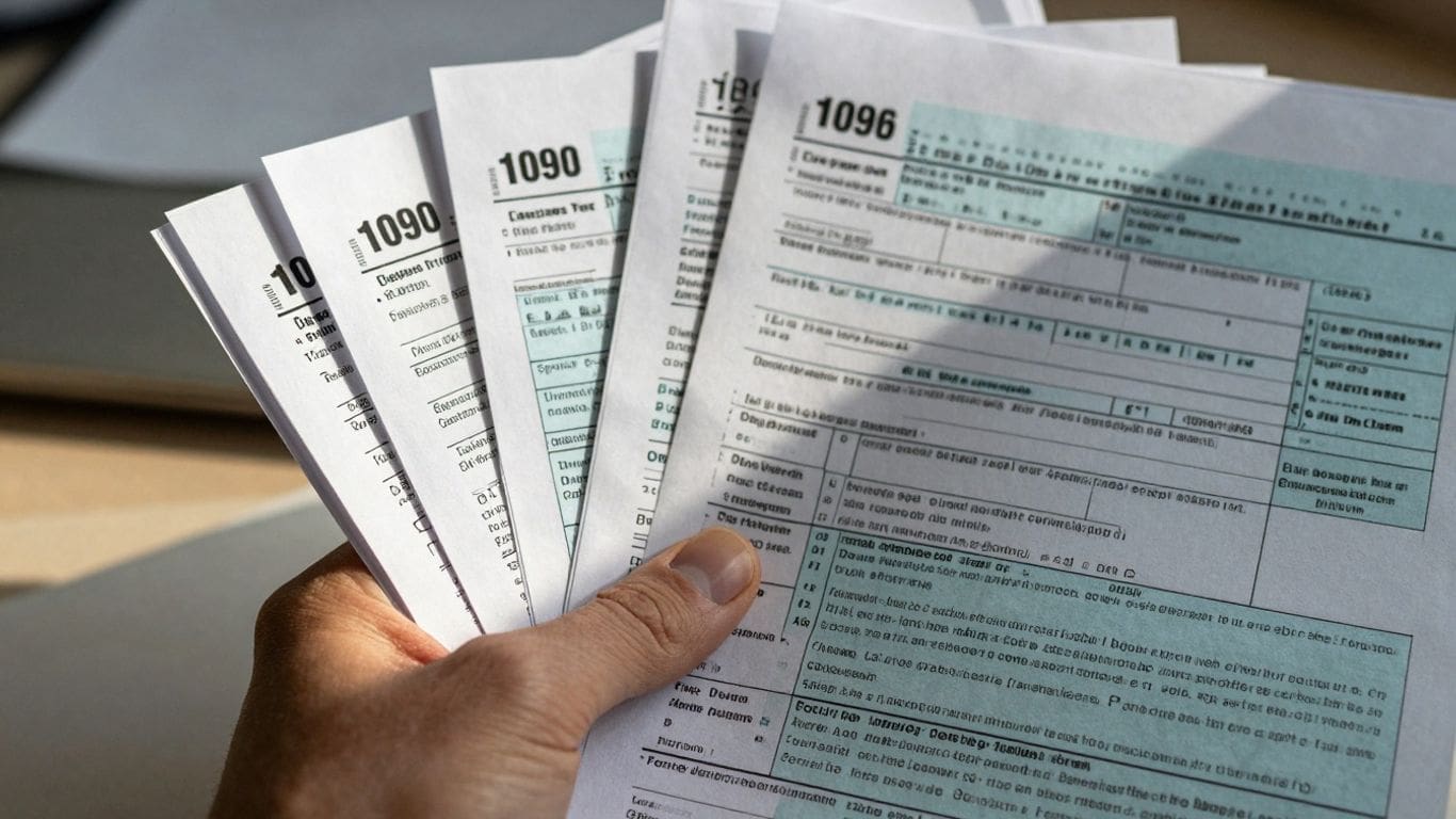 Hand holding multiple 1099 tax forms