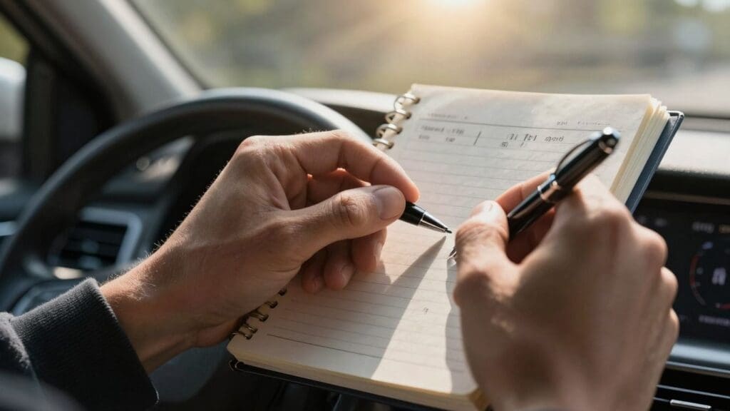 Person writing in notebook on car dashboard