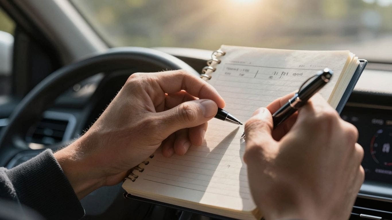 Person writing in notebook on car dashboard