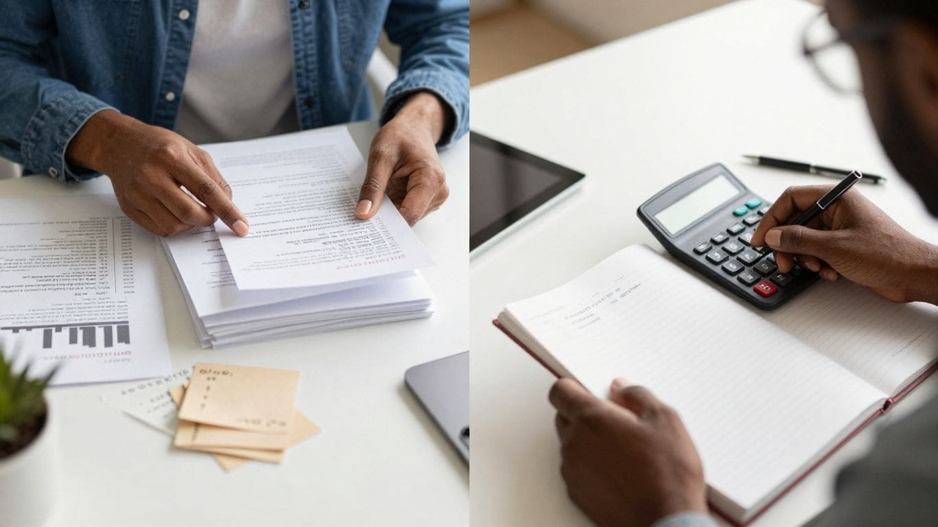 person reviewing documents and using calculator at desk