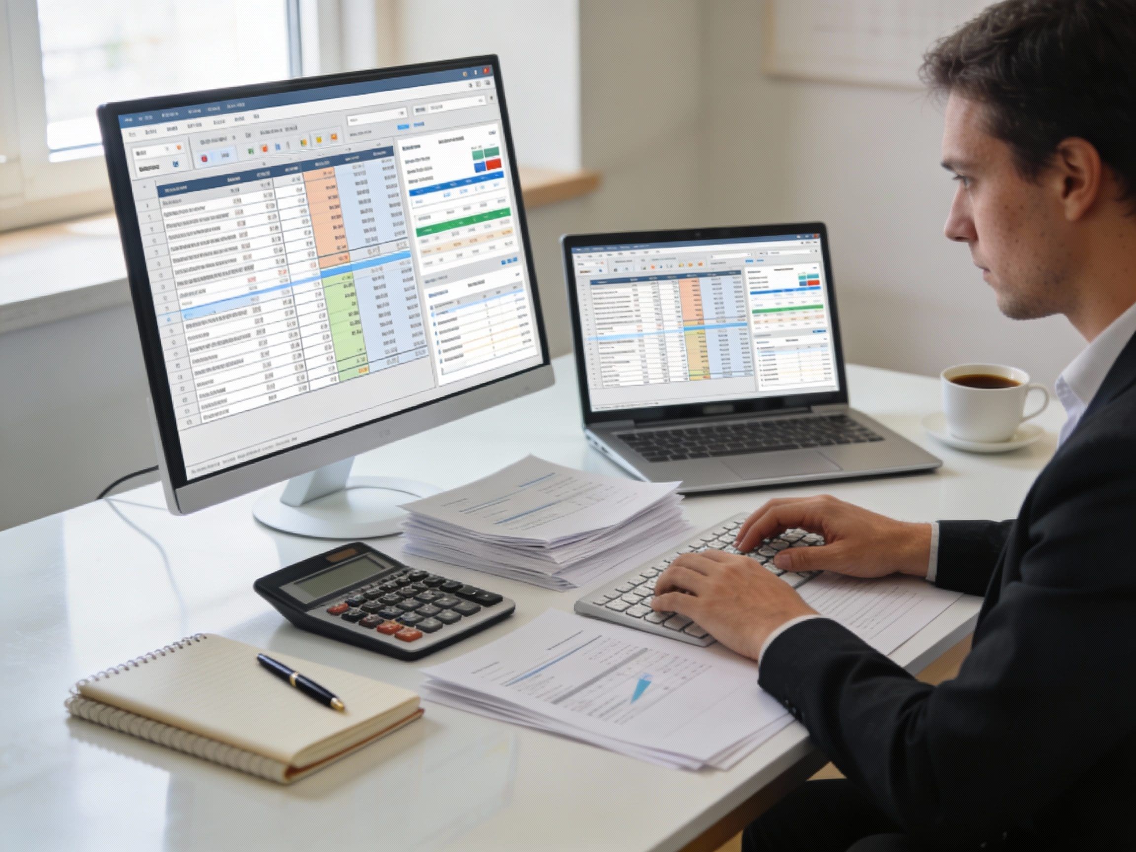 man working on financial spreadsheets on computer and laptop