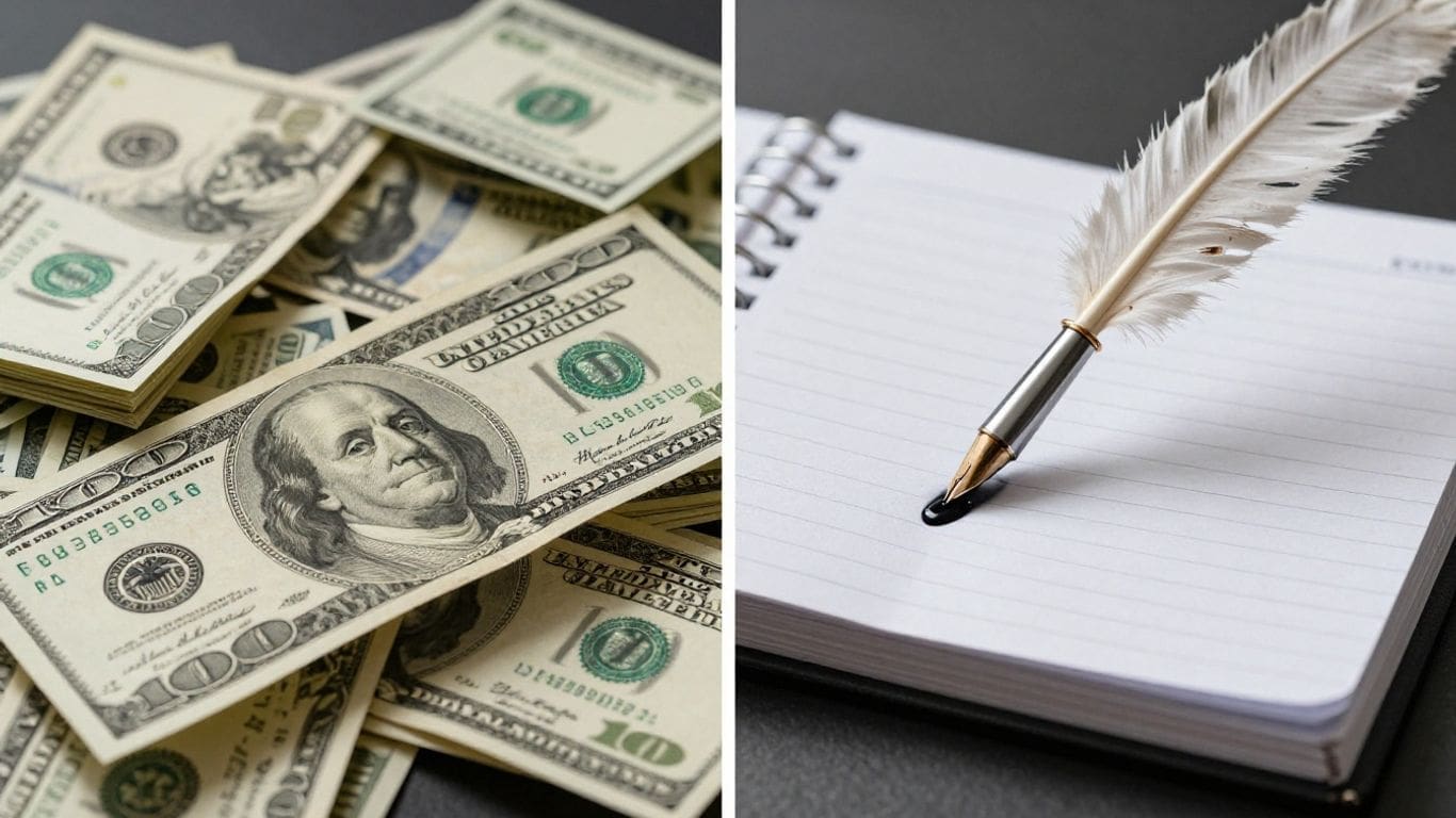 Stack of US dollar bills and quill pen on notebook