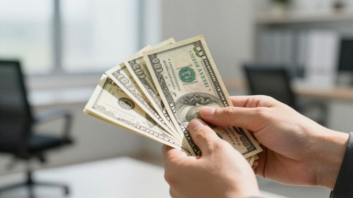 Hands holding multiple hundred dollar bills in office