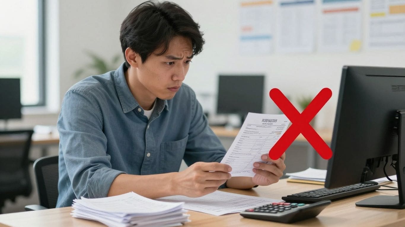 man in office reviewing document with red X mark