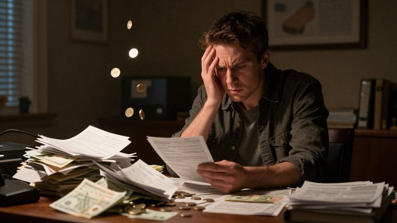 man stressed over paperwork and money on desk