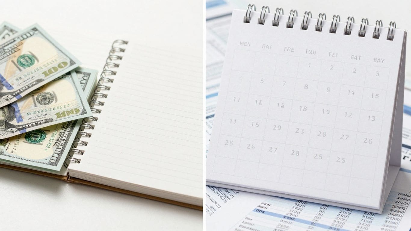 Dollar bills on notebook beside calendar on documents