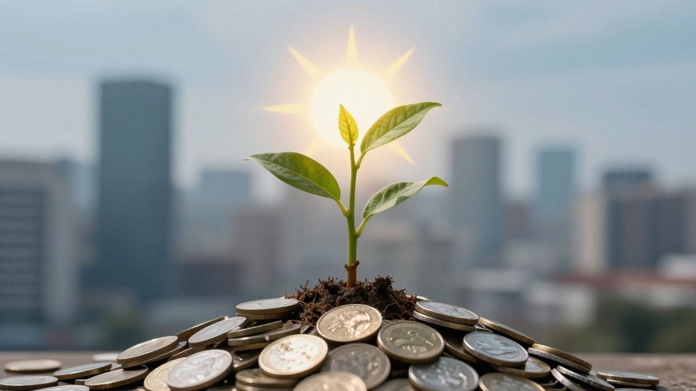 Small plant growing from pile of coins with sun in background