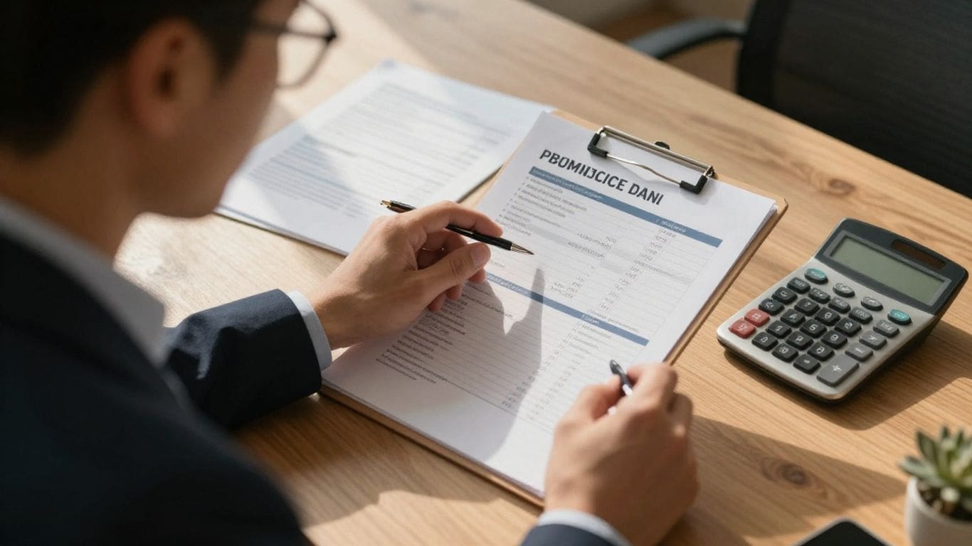 Person reviewing financial documents with calculator on desk