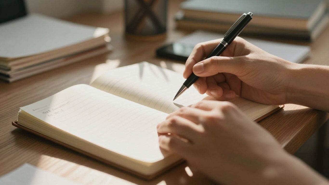 Person writing in notebook at wooden desk with pen