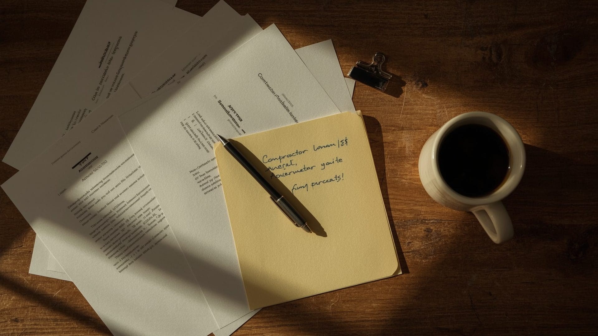 Contractor classification documentation spread with agreements legal pad and 1099 forms overhead view
